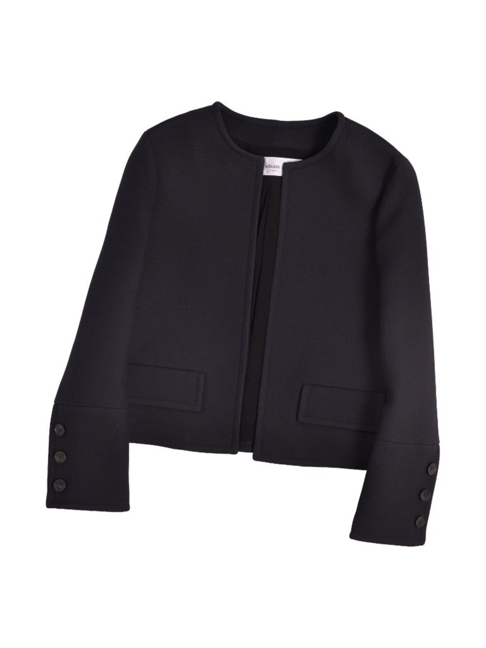 Dior Jacket Collarless Long Sleeve Buttonless Wool Silk Black US 4